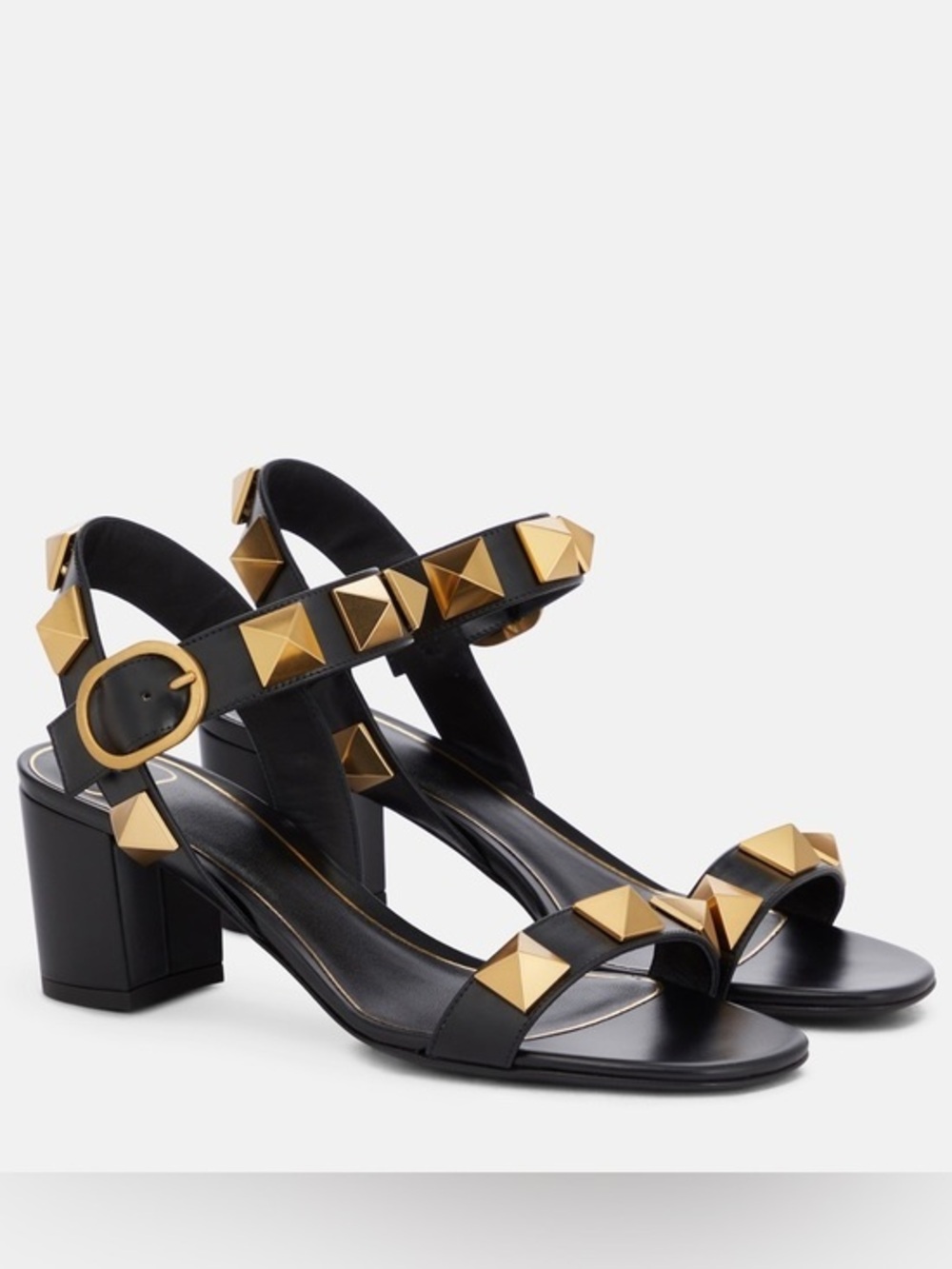 VALENTINO GARAVANI Roman Stud Leather Sandals Black and Gold Size 38.5